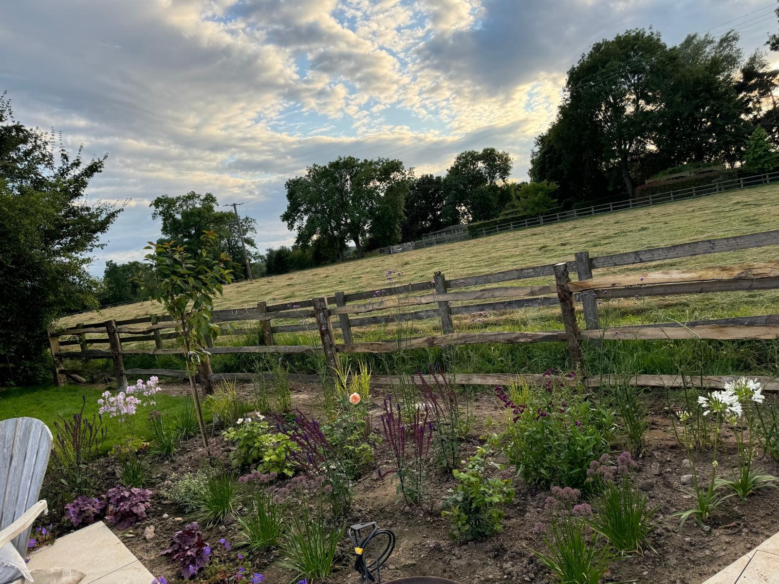 Newly planted perennial border alongside a rural post-and-rail fence and open fields