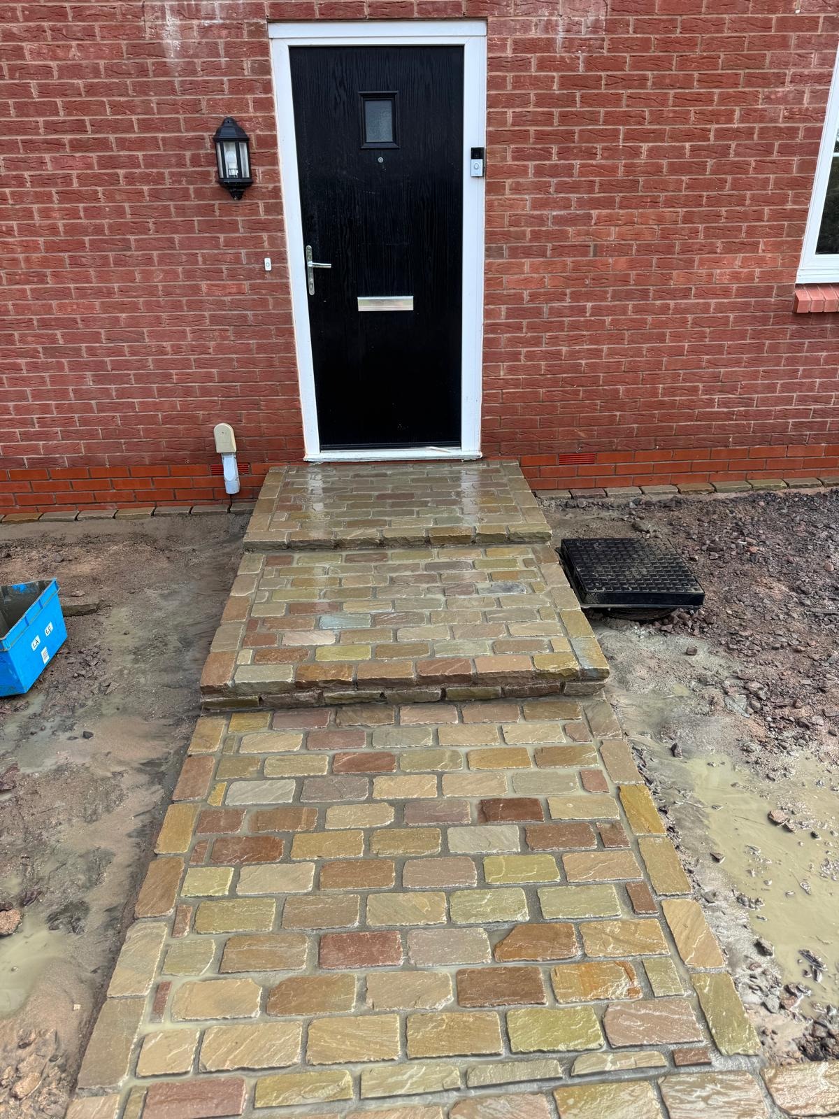 Jet washing by SOS Landscaping: Multicoloured cobbled front path and steps leading to a front door